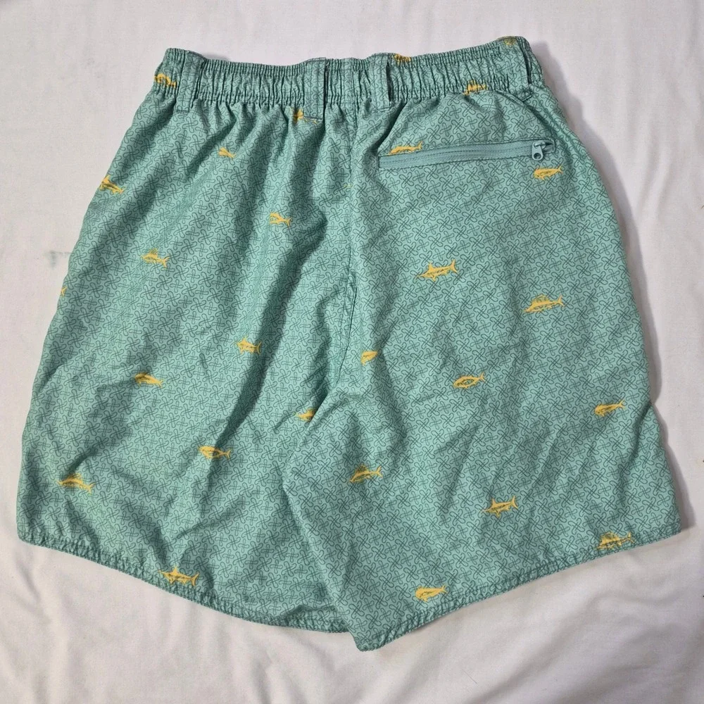 AFTCO Swim Trunks Mens Small Green Fish Print Board‎ Shorts Fishing Wear